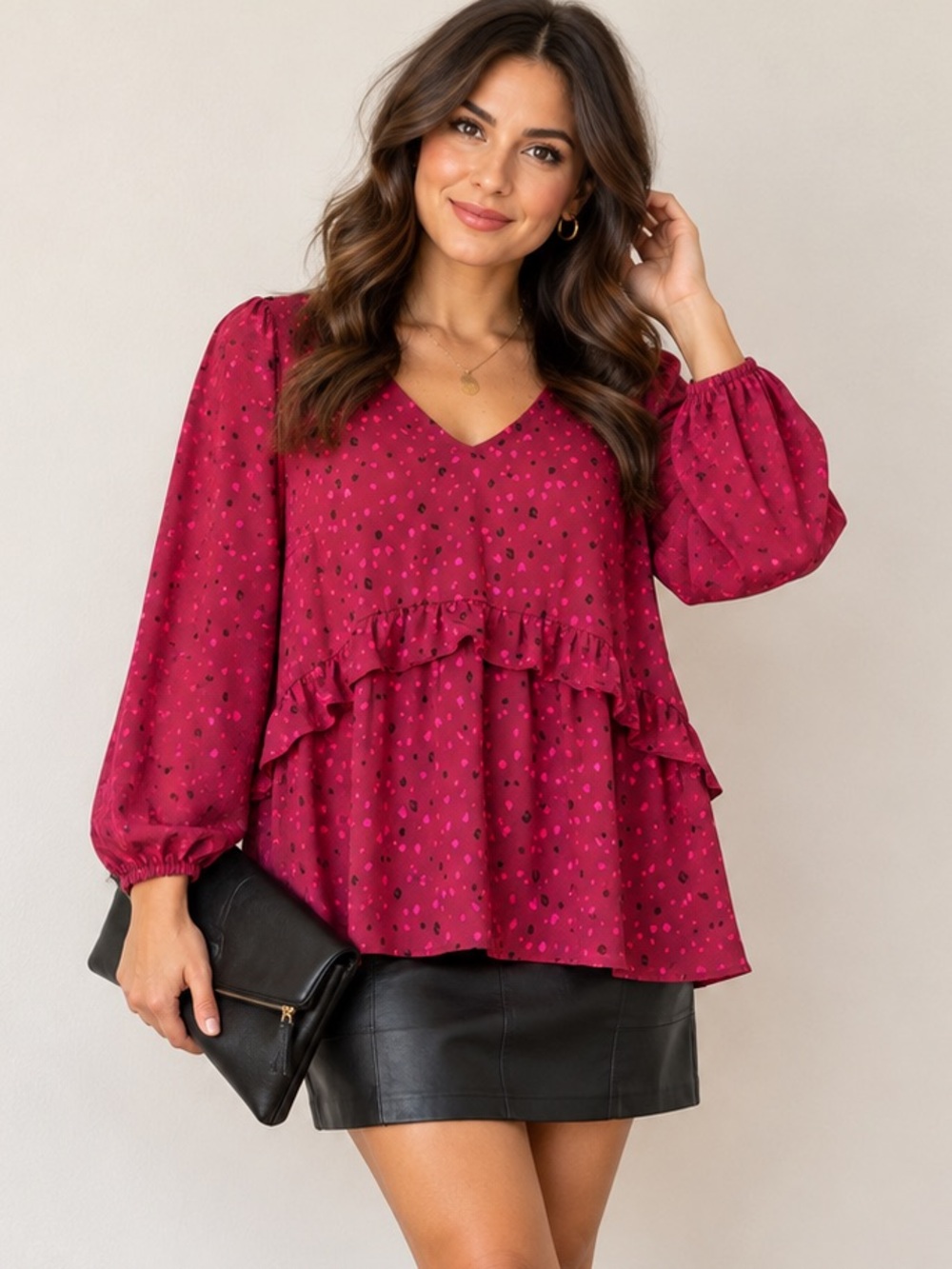 NWOT Isabel Ingrid + Isabela Cherry Print Ruffle Blouse L Magenta Pink Romantic - Picture 2 of 9